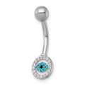 10k White Gold White and Blue CZ Evil Eye Navel Ring by Fine Color Jewels