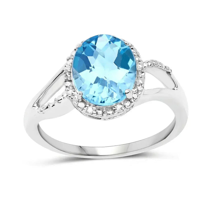 10K White Gold Blue Topaz Halo Ring with White Diamonds by Fine Color Jewels
