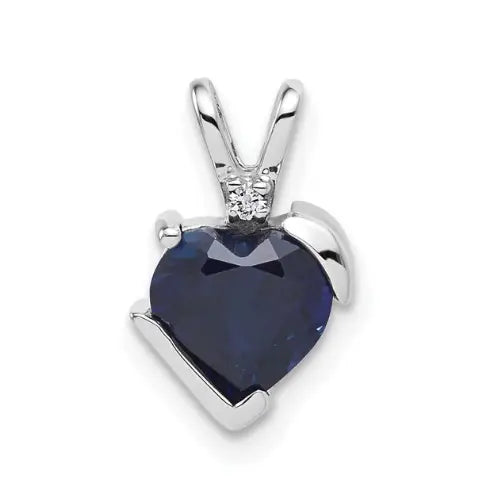 10k White Gold Created Sapphire and Diamond Heart Pendant by Fine Color Jewels