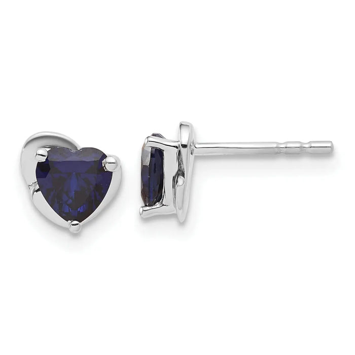 10k White Gold Created Sapphire Heart Post Earrings by Fine Color Jewels