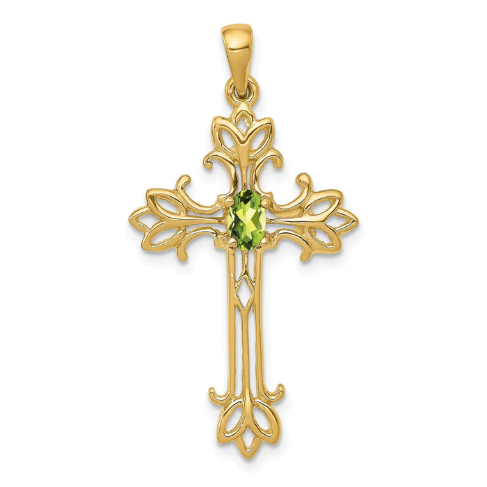 10K Yellow Gold Oval Natural Peridot cross pendant Cross Pendant by Fine Color Jewels