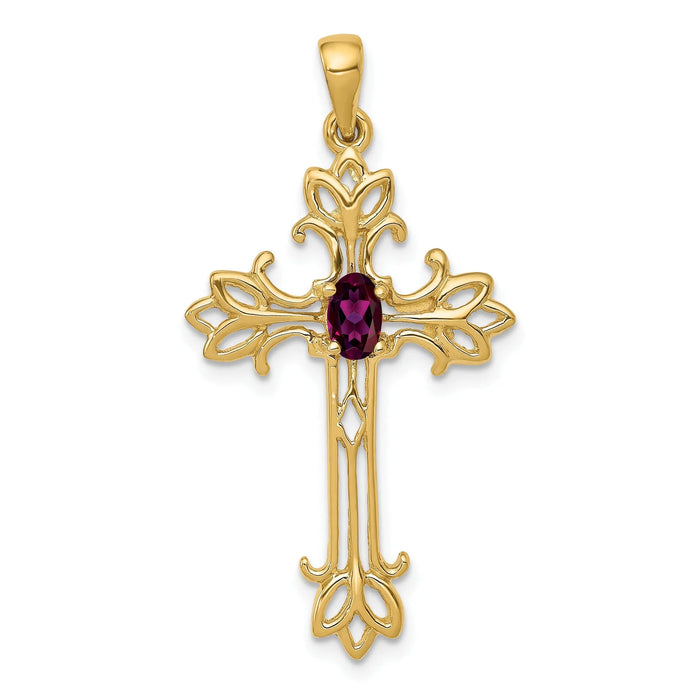 10K Yellow Gold Oval Natural Rhodolite Garnet Cross Pendant by Fine Color Jewels