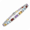 11.8 Ct Baguette Rainbow Multi-Gemstone Prong Silver Alternating Inline Box Clasp Tennis Bracelet by Fine Color Jewels