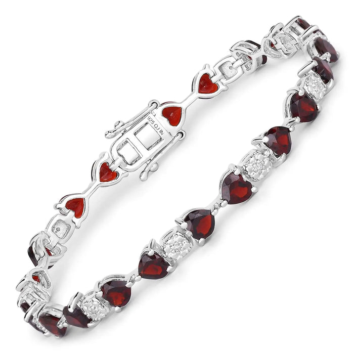 11 Ct Heart Red Garnet and Diamond Prong Silver Tennis Bracelet by Fine Color Jewels