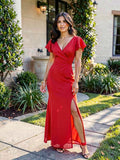 Betsy & Adam Ruffled-Sleeve Slit Scuba Gown, Size 8P by Vanessa Jane
