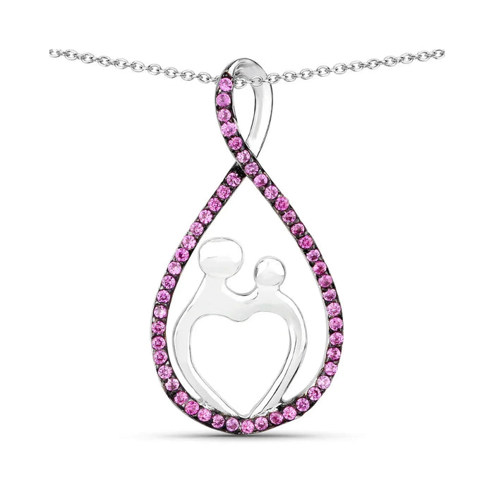 0.50 Ct Round Pink Lab Grown Ruby Prong Silver Mom Heart Pendant Necklace by Fine Color Jewels