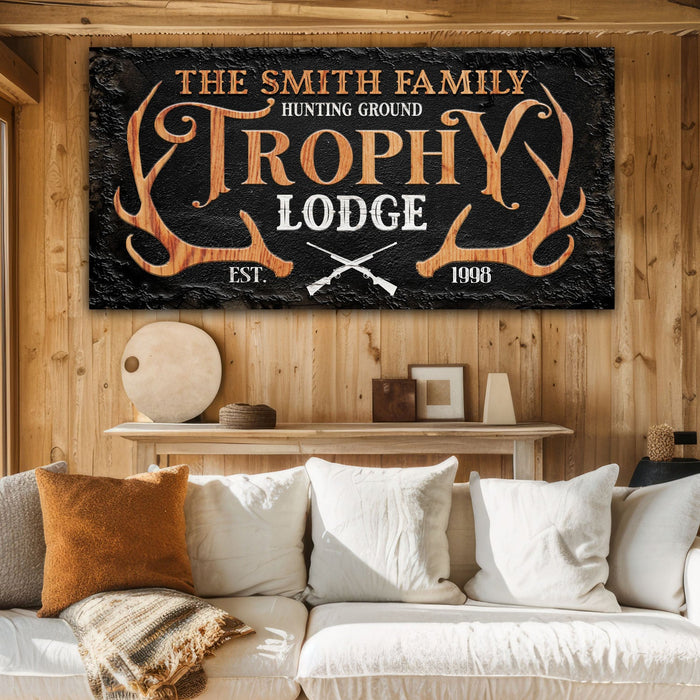 Family Hunting Trophy Lodge Sign by Tailored Canvases