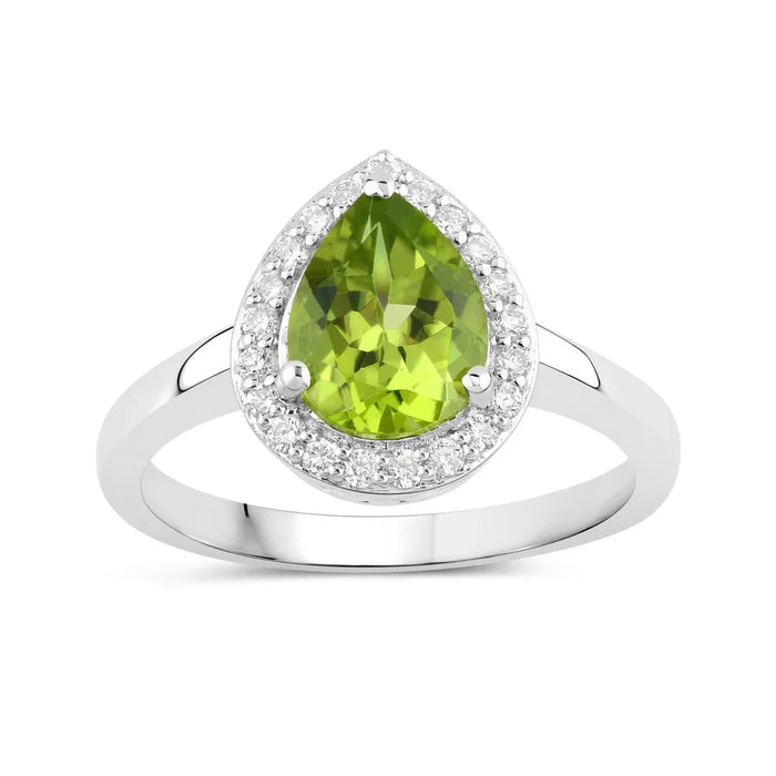 1.46 Ct Pear Green Peridot and Lab Diamond Prong Silver Halo Bridge Ring by Fine Color Jewels