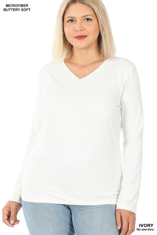 Microfiber Long Sleeve V Neck Tee - Ivory by Boutique 23