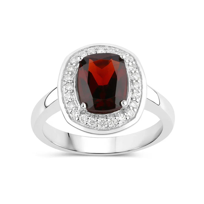 2.40 Ct Cushion Red Garnet Lab Diamond Prong Silver Halo Engagement Ring by Fine Color Jewels