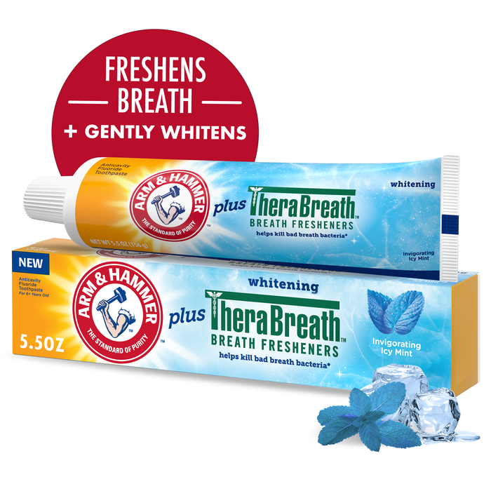 Arm & Hammer Plus TheraBreath Toothpaste, Fluoride, Anticavity, Whitening, Breath Fresheners, Invigorating Icy Mint, 5.5 Ounce by Pasteur Pharmacy