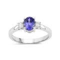 0.75 Ct Oval Violet Tanzanite and Lab Diamond Prong Silver Three Stone Ring by Fine Color Jewels