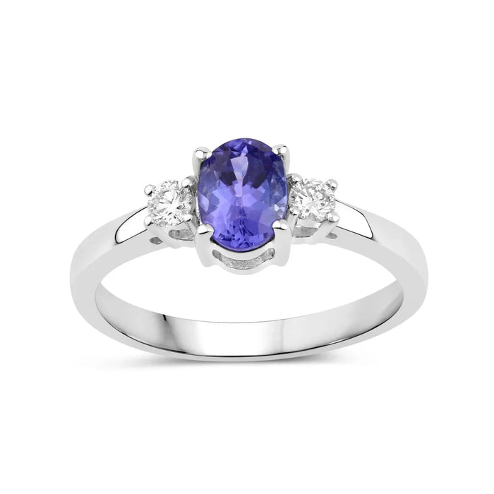 0.75 Ct Oval Violet Tanzanite and Lab Diamond Prong Silver Three Stone Ring by Fine Color Jewels