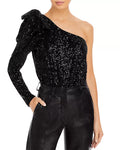 Aqua Sequined Bow One Shoulder Bodysuit, Size Large by Vanessa Jane