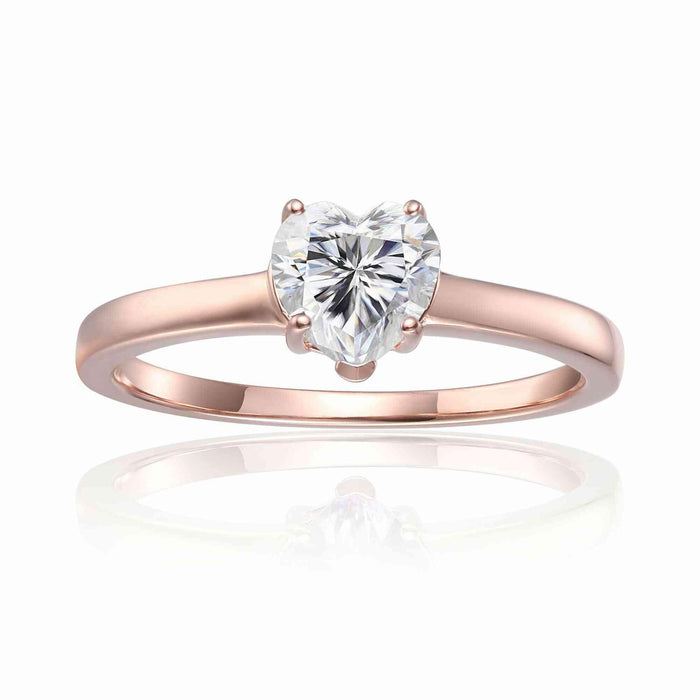 Heart White Moissanite Prong Rose Gold Plated Silver Solitaire Ring by Fine Color Jewels
