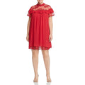 Lost Ink Womens Lace Trim Ruffled Shift Dress, Size 2X, Red by Vanessa Jane