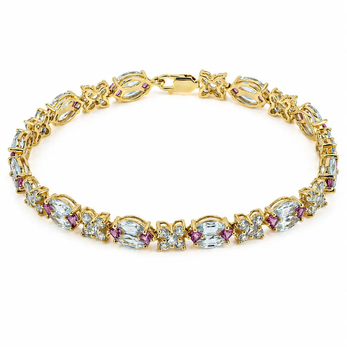 12.49 Ct Sky Blue Topaz Prong Gold Plated Silver Alternating Butterfly & Multi-Gemstone Cluster Tennis Bracelet by Fine Color Jewels