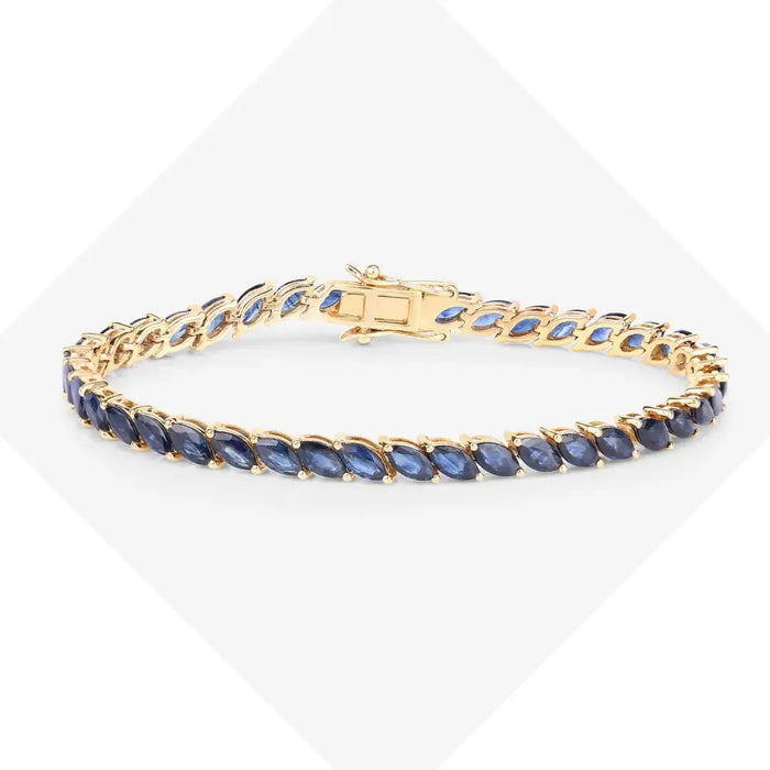 12.71 Ct Marquise Blue Sapphire Prong 10K Yellow Gold Diagonal Inline Tennis Bracelet by Fine Color Jewels
