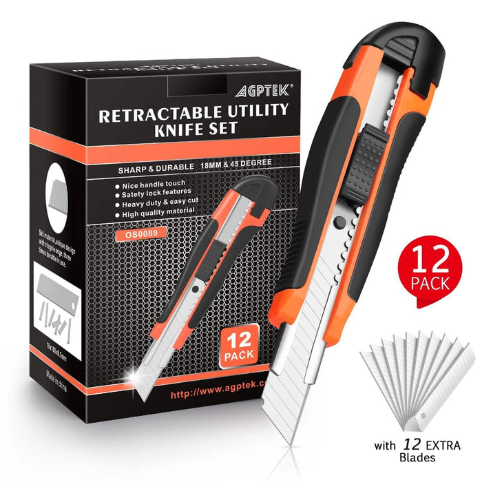 12-Packs: AGPtEK Utility Knife 18mm Retractable Safety Box Cutter with 12 Extra Spare Blades by DailySale
