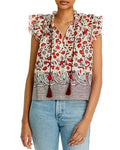 Aqua Floral Flutter Sleeve Tassel Top by Vanessa Jane