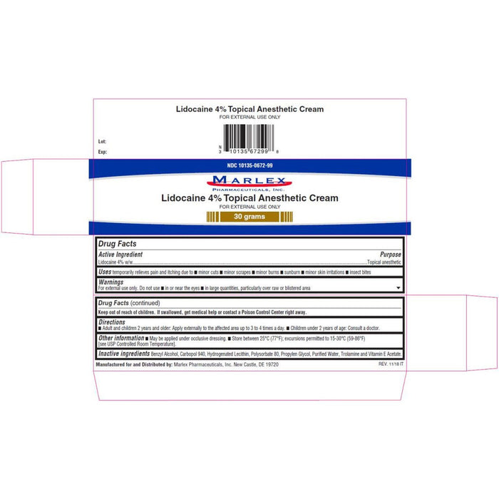 Marlex Pharmaceuticals Lidocaine 4% Topical Anesthetic Cream Pain & Itch Relief Cream 30g by Pasteur Pharmacy