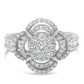 14K White Gold 1.0 Cttw Round & Baguette Cut Diamond Floral Cluster Quatrefoil Channel Set Band Cocktail Statement Ring (H-I Color, SI2-I1 Clarity) - Size 6-3/4