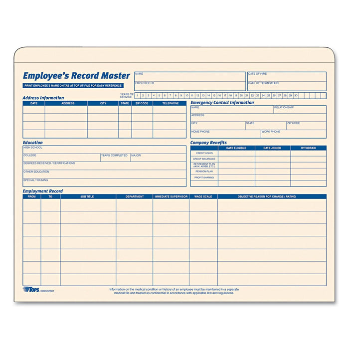TOPS Employee Record Master File Jacket, Straight Tab, Letter Size, Manila, 15/Pack