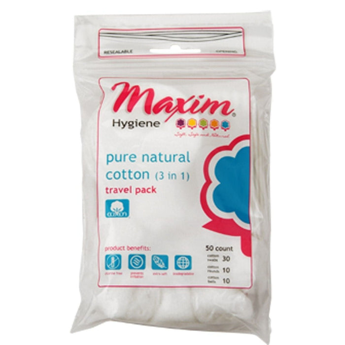 Maxim Hygiene Products Cotton (3 In 1) Pure Natural Travel Pack by Pasteur Pharmacy