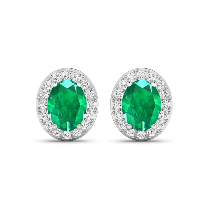 Genuine Zambian Emerald and White Diamond Earrings Stud by Fine Color Jewels