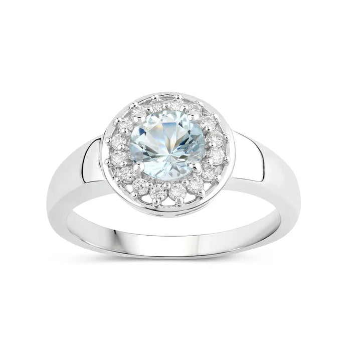 0.75 Ct Round Blue Aquamarine and Lab Diamond Prong Silver Halo Ring by Fine Color Jewels