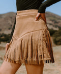 Cupshe Womens Faux Suede Fringe Hem Mini Skirt - Brown, Medium by Vanessa Jane