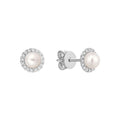 Mini Pearl and Diamond Halo Stud Earrings 10k Gold by Fine Color Jewels