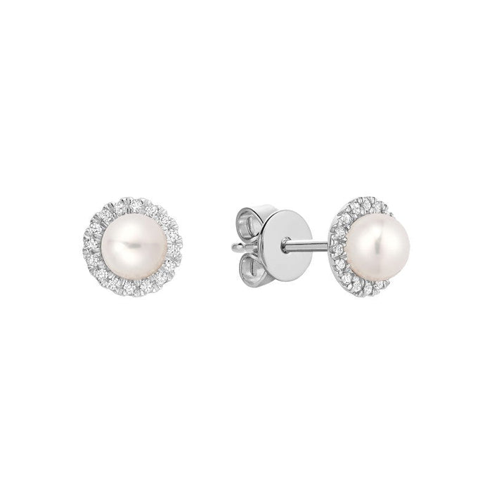 Mini Pearl and Diamond Halo Stud Earrings 10k Gold by Fine Color Jewels