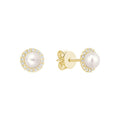 Mini Pearl and Diamond Halo Stud Earrings 10k Gold by Fine Color Jewels