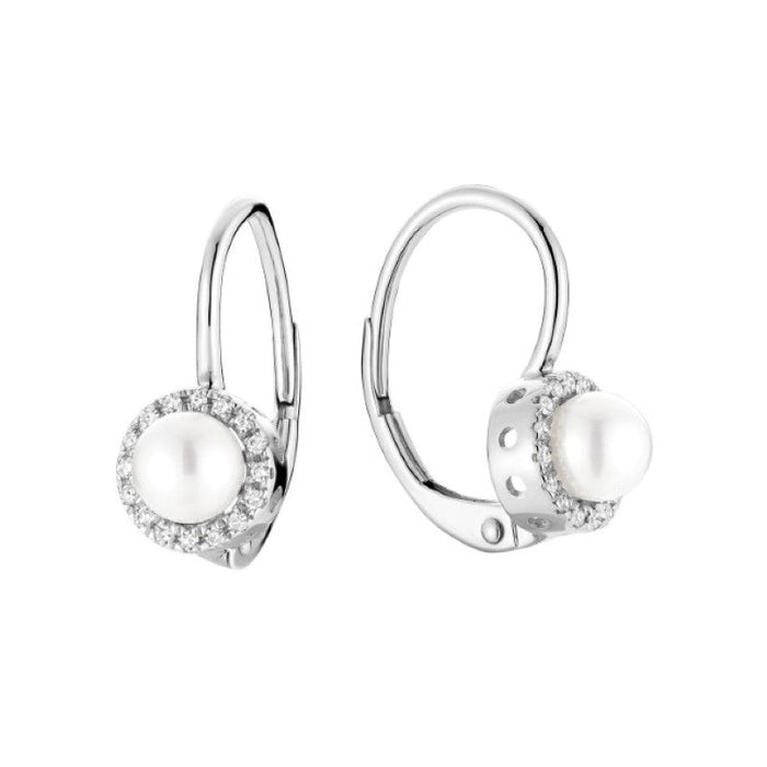 10k Gold Cultured Pearl & Natural Diamonds Halo Dangle Earrings by Fine Color Jewels