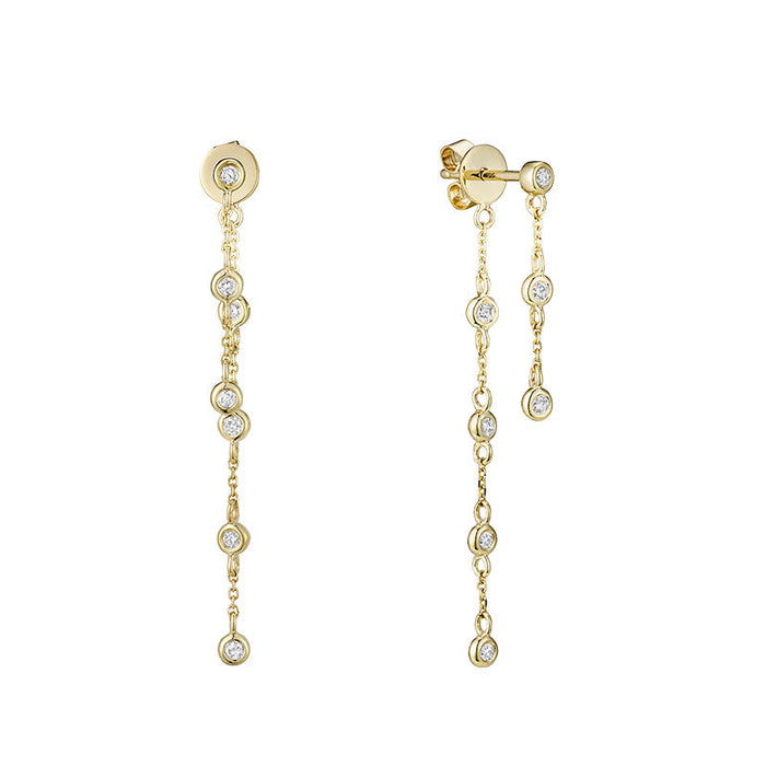 14k Gold Double Chain Natural Diamond Bezel Dangle Earrings by Fine Color Jewels