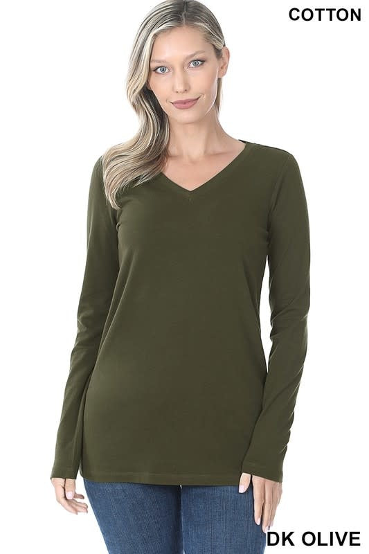 Cotton V-Neck Long Sleeve - Dark Olive by Boutique 23