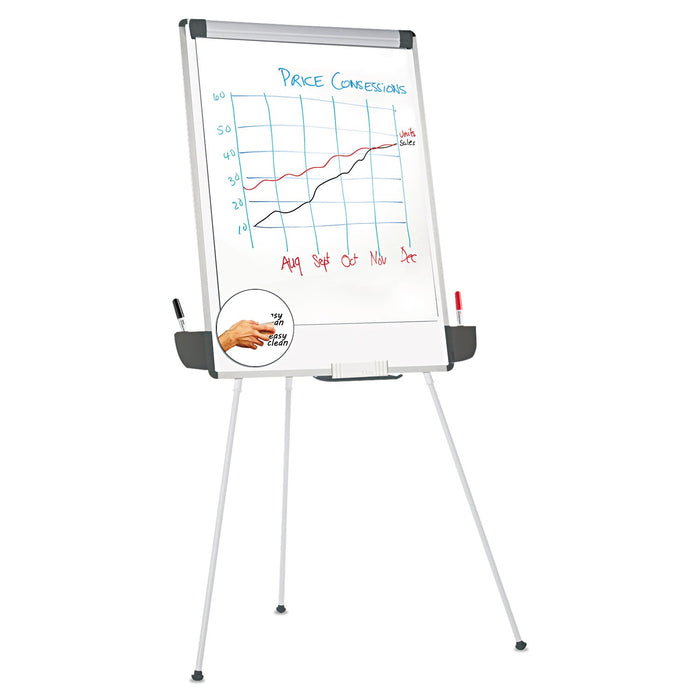 Universal Dry Erase Board with Tripod Easel and Adjustable Pen Cups, 29" x 41", White Surface, Silver Frame