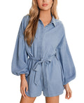 Cupshe Womens Denim Puff-Sleeve Tie-Waist Romper, Large by Vanessa Jane