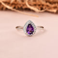 0.97 Ct Pear Purple Amethyst and Moissanite Prong Silver Halo Engagement Ring by Fine Color Jewels