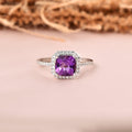 1.65 Ct Cushion Purple Amethyst and Moissanite Prong Silver Halo Cocktail Ring by Fine Color Jewels