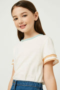 Girls Stripe Sleeve Knit Tee - Off White by Boutique 23