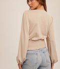 Ruching V Neck Ribbed Top - Light Taupe by Boutique 23