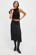 FFREE PEOPLE Analise Button Front Satin Midi Skirt In Black, Size 8 by Vanessa Jane