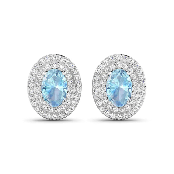 Genuine Aquamarine and Diamond Halo Stud Earrings by Fine Color Jewels