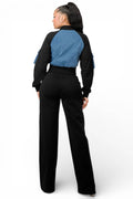 Mixed Material Denim Zip Up Crop Jacket Pants Set by The House of Stylez