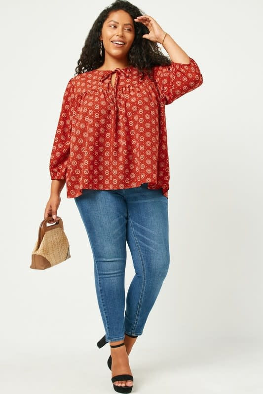 Curvy Tie Neck Floral Printed Peasant Top by Boutique 23
