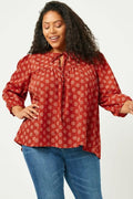 Curvy Tie Neck Floral Printed Peasant Top by Boutique 23