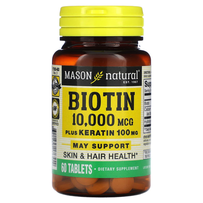 Mason Natural Biotin 10,000 mcg Plus Keratin 100 mg – Strength & Beauty (60 Tablets) by Pasteur Pharmacy