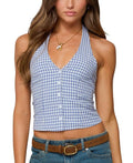 EDIKTED Evan Gingham Button up Halter Top, Size Small by Vanessa Jane